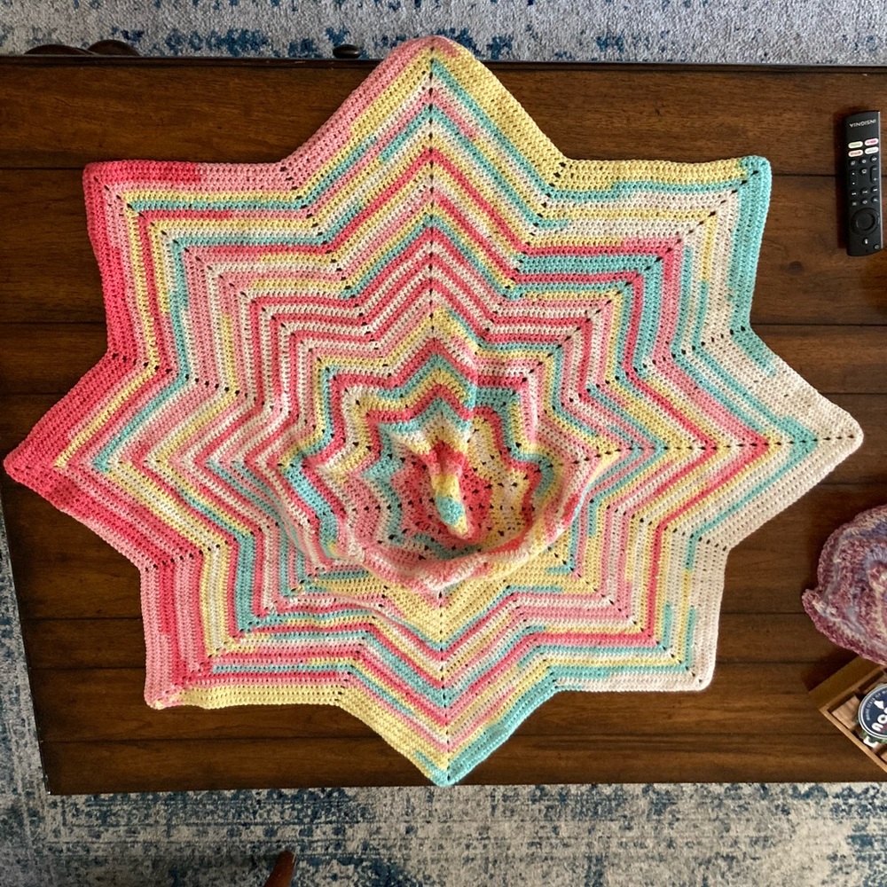 Multi-Colored Hand Crocheted Baby Blanket Star Shaped